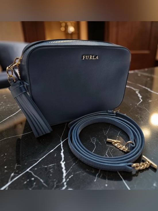 Furla Handbags - Furla NWOT Blue Leather Camera Bag Crossbody with Tassel /detachable strap